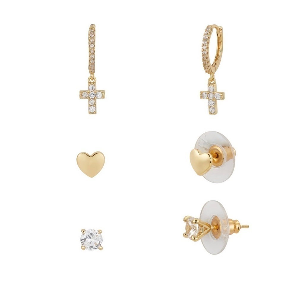 NWT UNWRITTEN GRATITUDE & GRACE 3 SETS - GOLD CROSS HEART HUGGIE EARRINGS